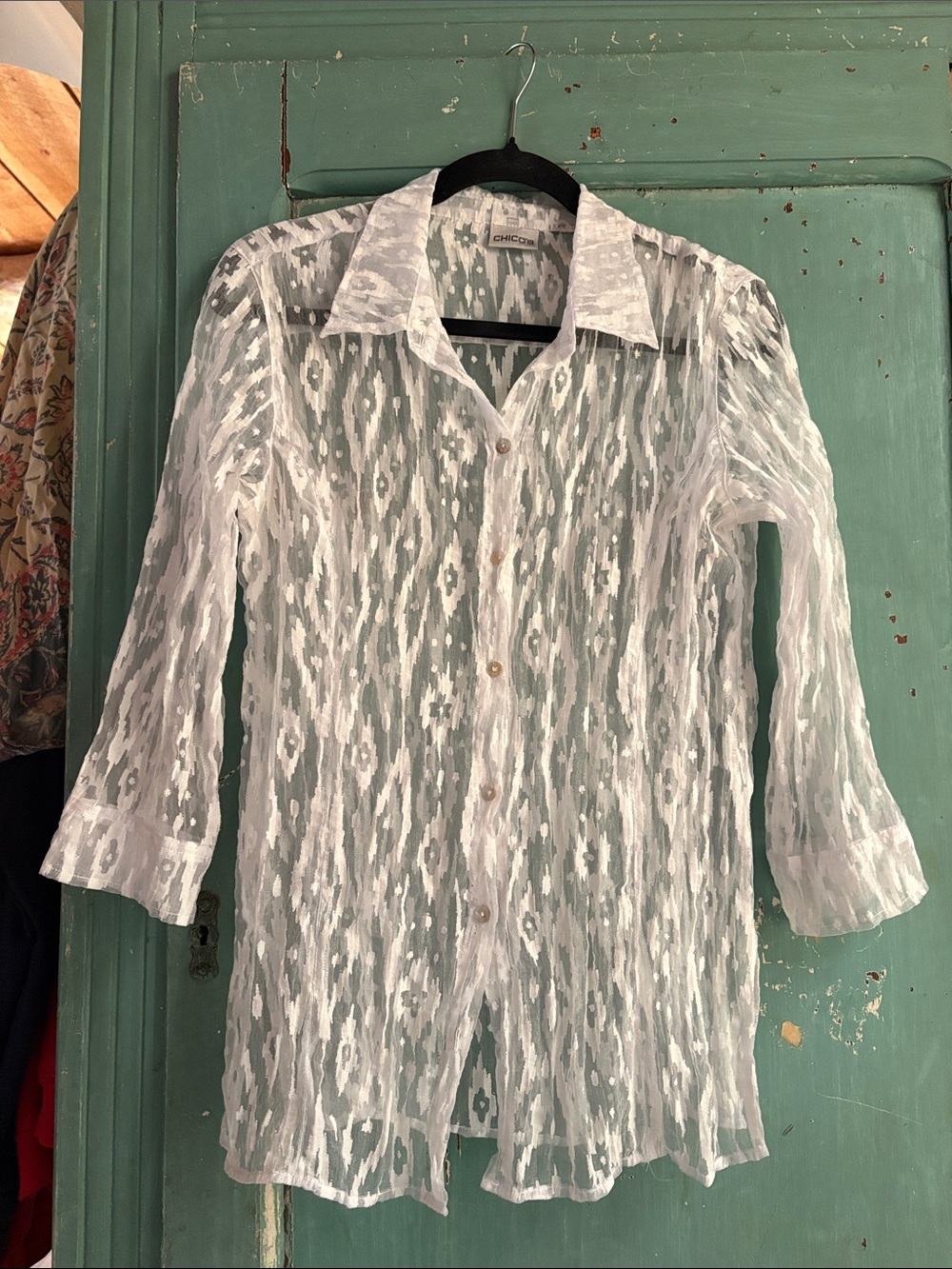 Chico's Sheer White Ikat-Pattern Button-Down Shirt